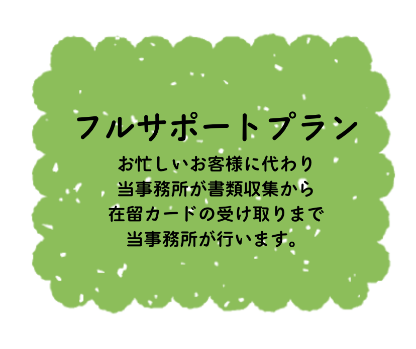 フルサポートプラン 配偶者ビザ書類（動機書含む）の作成も 役所関係の書類の収集も すべて当事務所で行います。 ご本人にしか収集できない書類のみ ご用意いただきます。